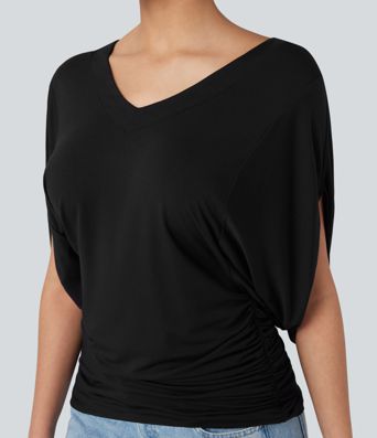 Deep V-neck Batwing Sleeve Ruched Casual Top