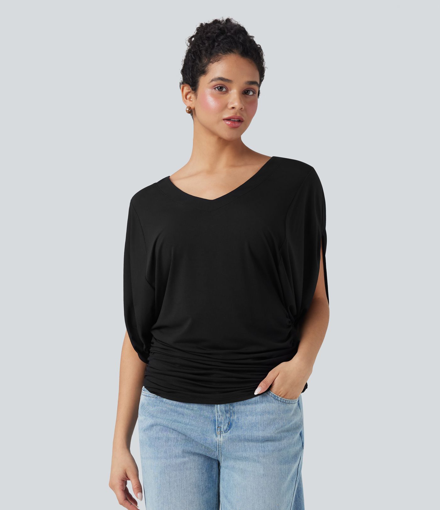 Deep V-neck Batwing Sleeve Ruched Casual Top