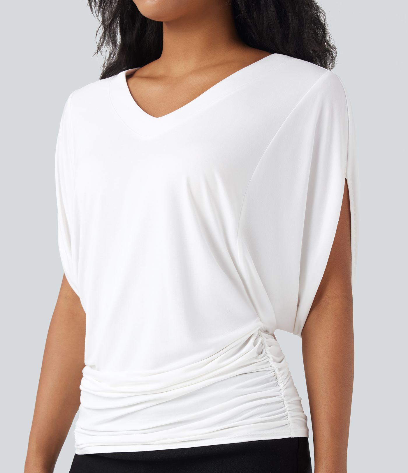 Deep V-neck Batwing Sleeve Ruched Casual Top