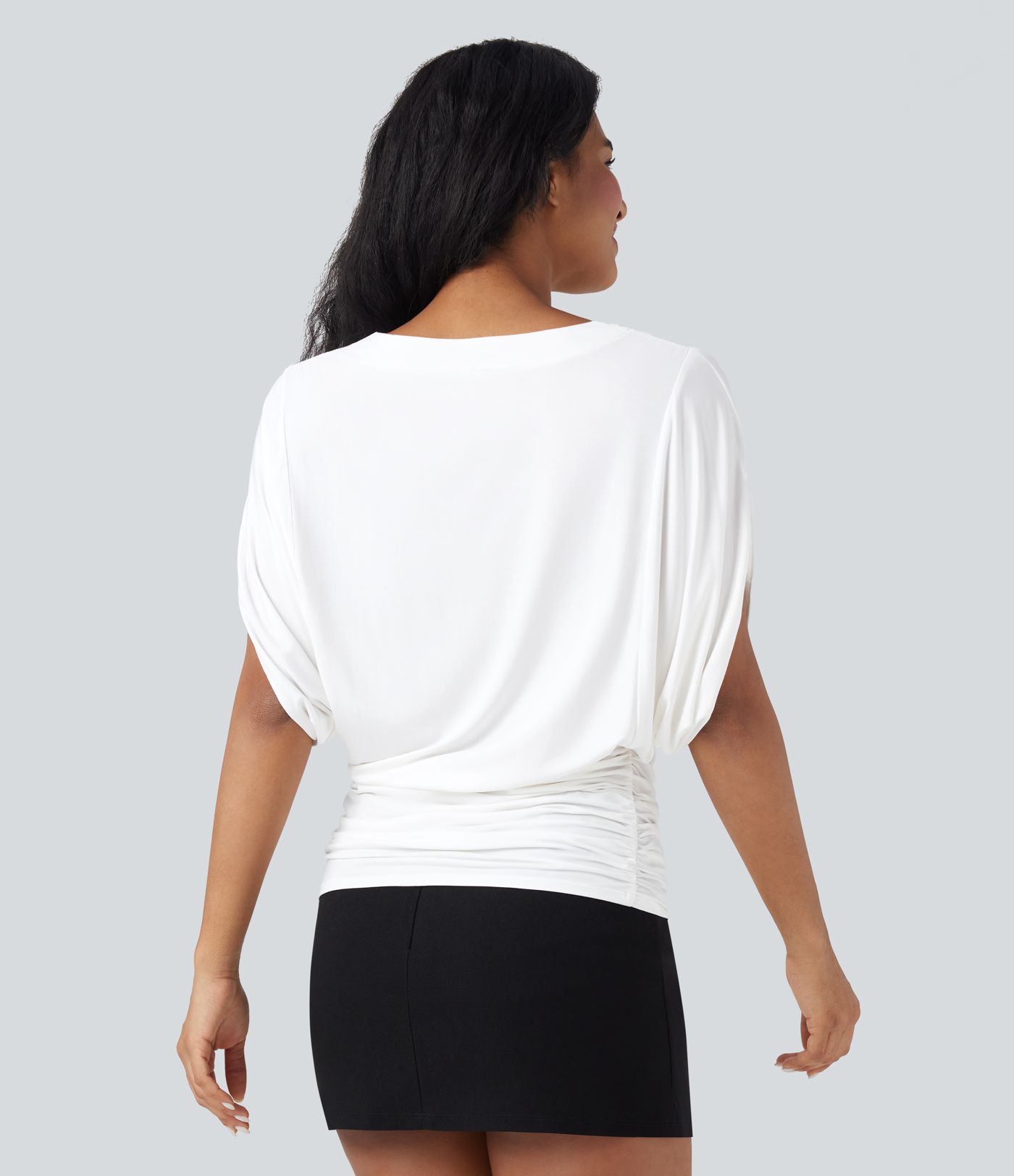 Deep V-neck Batwing Sleeve Ruched Casual Top