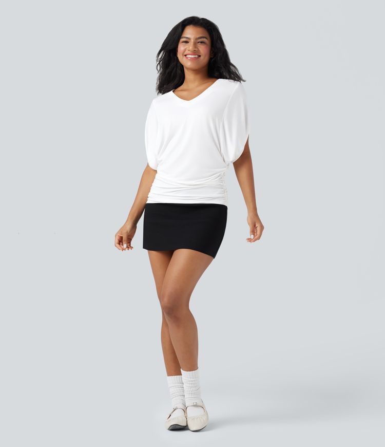 Deep V-neck Batwing Sleeve Ruched Casual Top