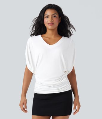 Deep V-neck Batwing Sleeve Ruched Casual Top