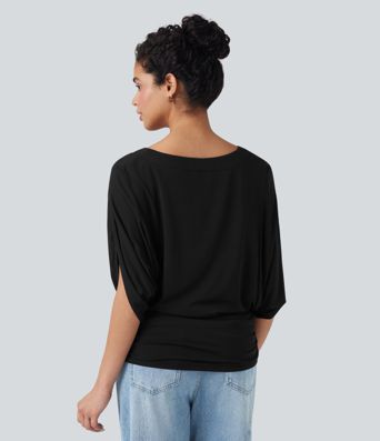Deep V-neck Batwing Sleeve Ruched Casual Top
