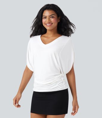 Deep V-neck Batwing Sleeve Ruched Casual Top