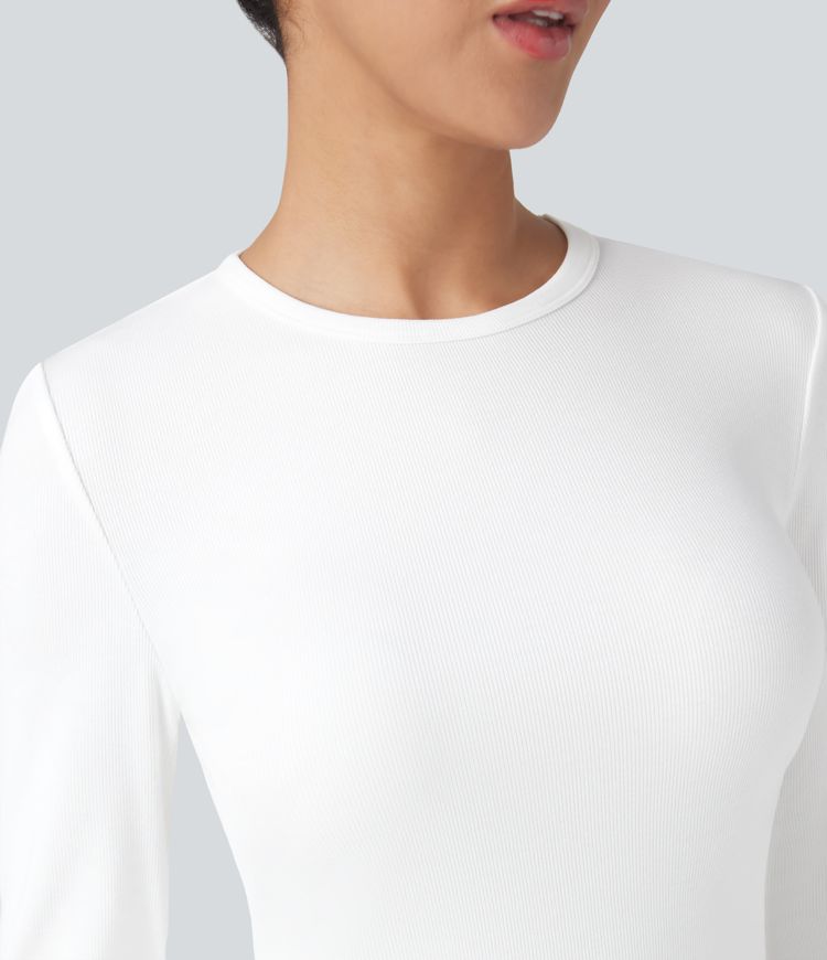 Ribbed Knit Round Neck Long Sleeve Casual Top