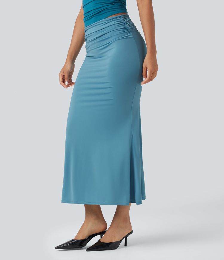 Mid Rise Ruched Midi Mermaid Skirt