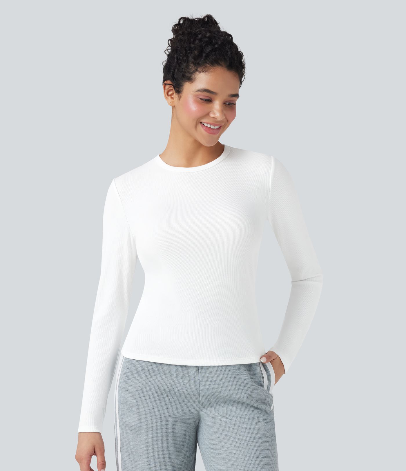 Ribbed Knit Round Neck Long Sleeve Casual Top