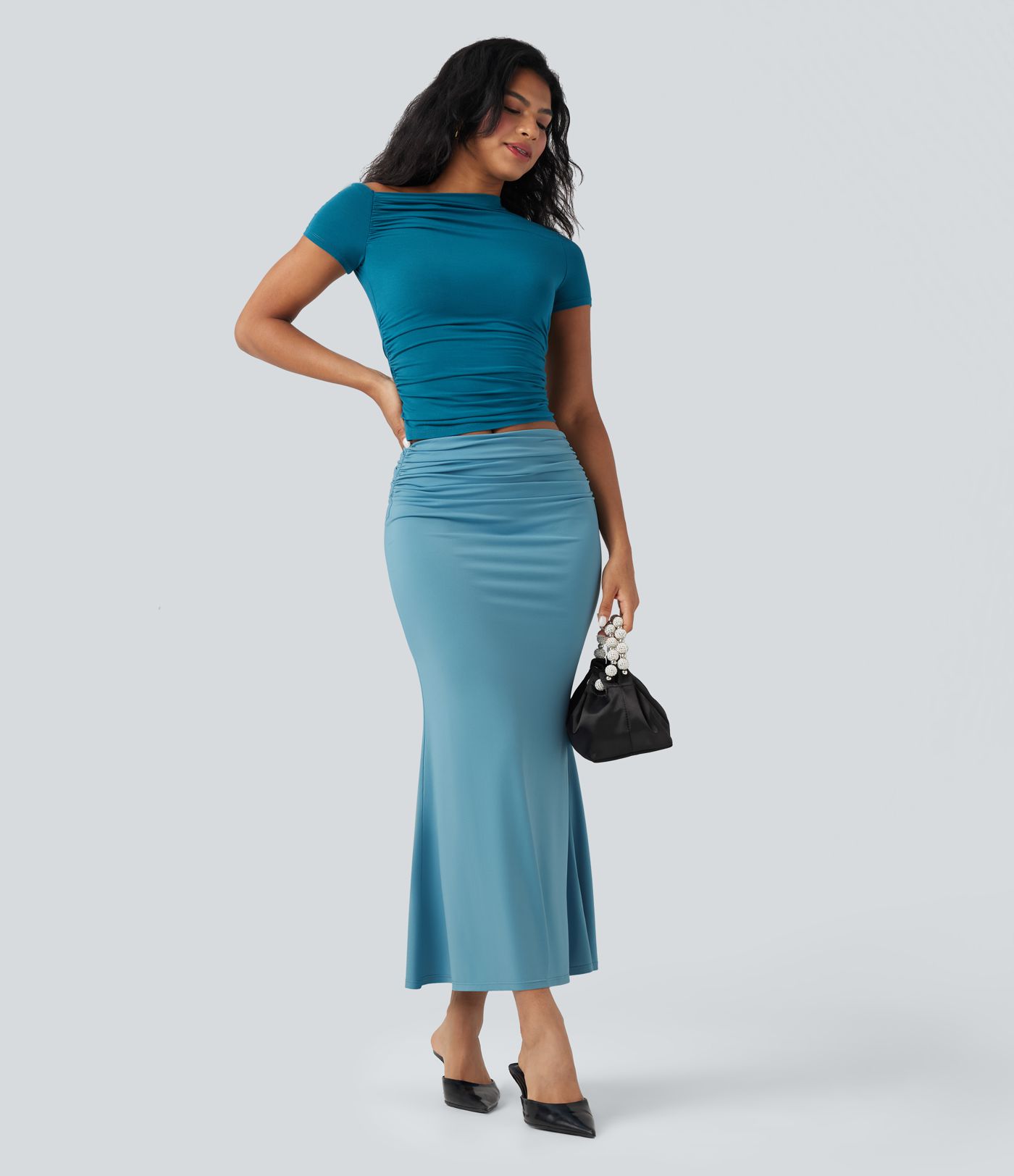 Mid Rise Ruched Midi Mermaid Skirt