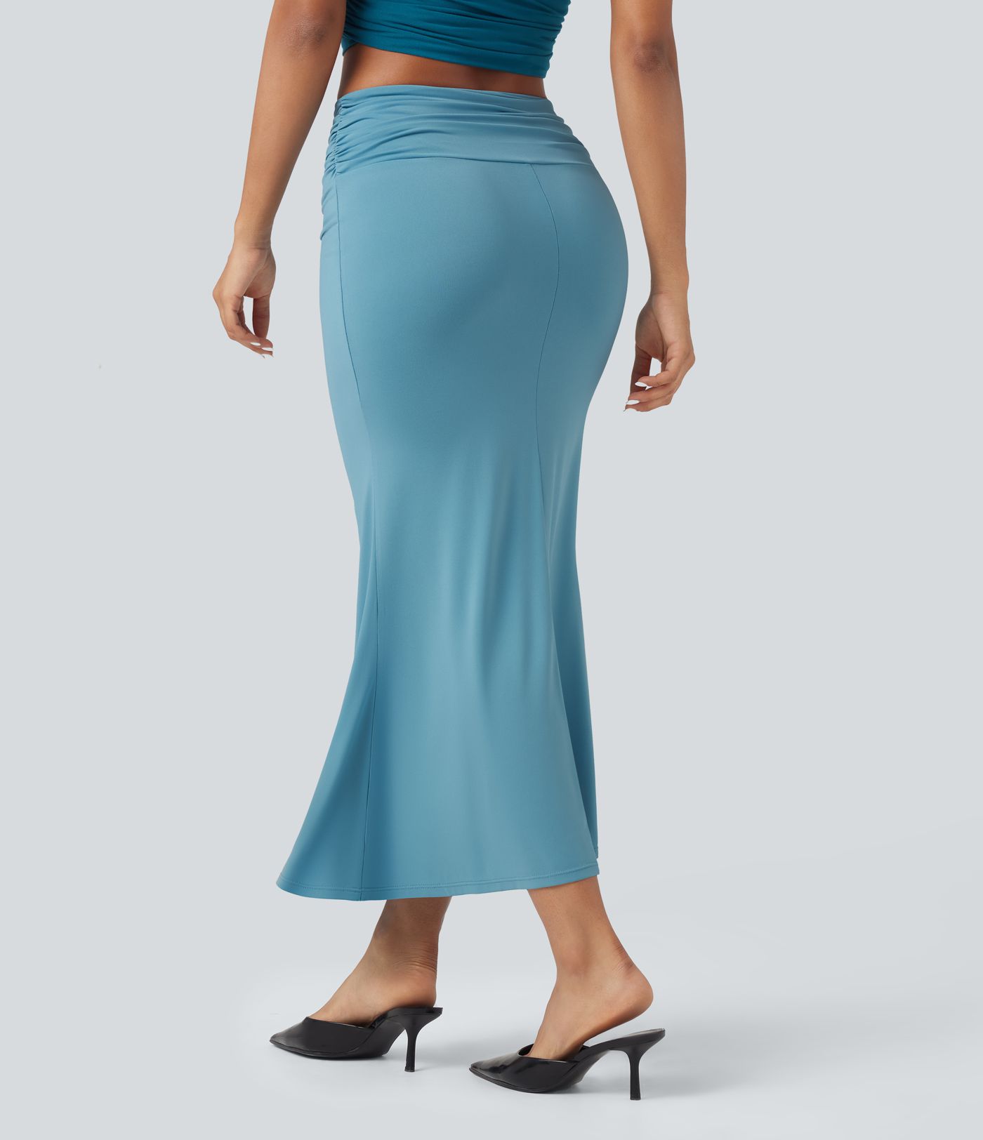 Mid Rise Ruched Midi Mermaid Skirt