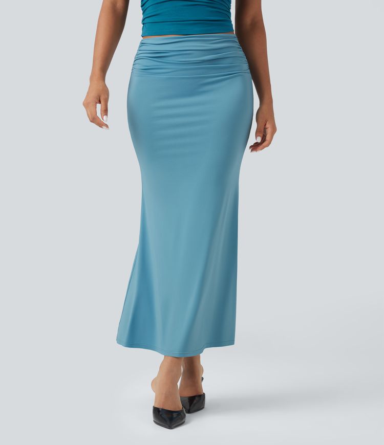 Mid Rise Ruched Midi Mermaid Skirt