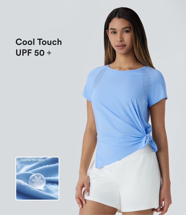 Boat Neck Short Sleeve Cut Out Cool Touch Workout Sports Top-UPF50+