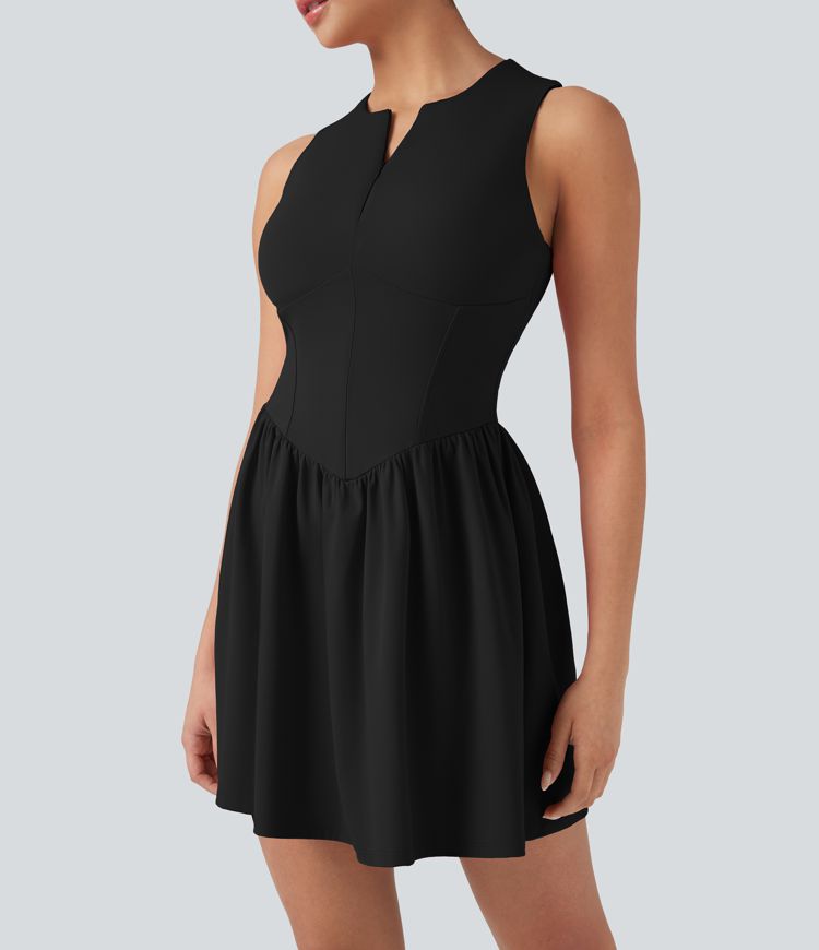 SoftlyZero™ Airy Half Zip Sleeveless Mini Tennis Active Dress with Tummy Control Shorts