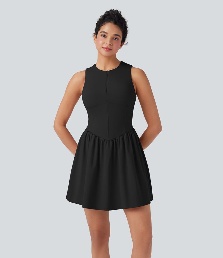 SoftlyZero™ Airy SoCinched Half Zip Sleeveless Mini Tennis Active Dress with Tummy Control Shorts