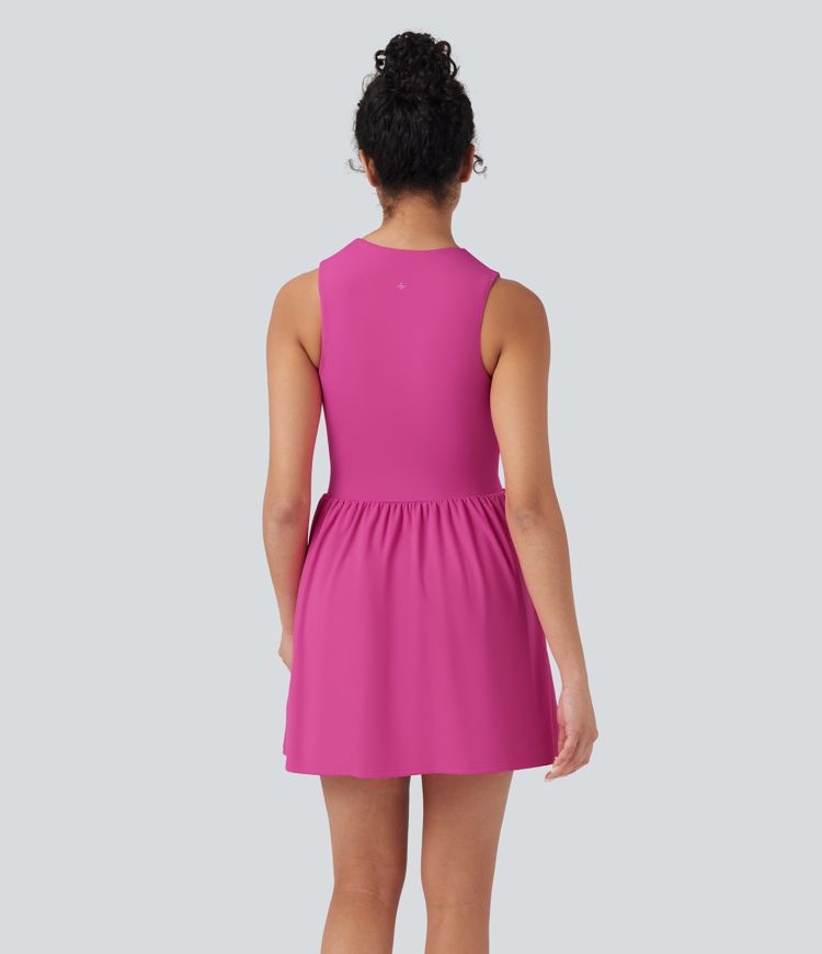 SoftlyZero™ Airy SoCinched Half Zip Sleeveless Mini Tennis Active Dress with Tummy Control Shorts
