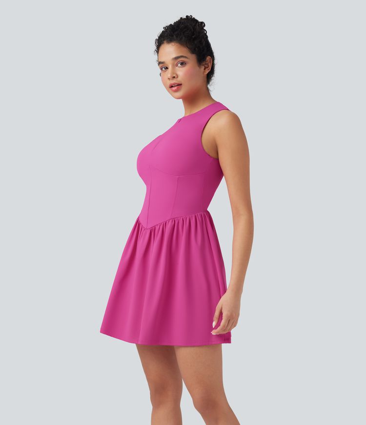 SoftlyZero™ Airy SoCinched Half Zip Sleeveless Mini Tennis Active Dress with Tummy Control Shorts