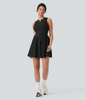 SoftlyZero™ Airy Half Zip Sleeveless Mini Tennis Active Dress with Tummy Control Shorts