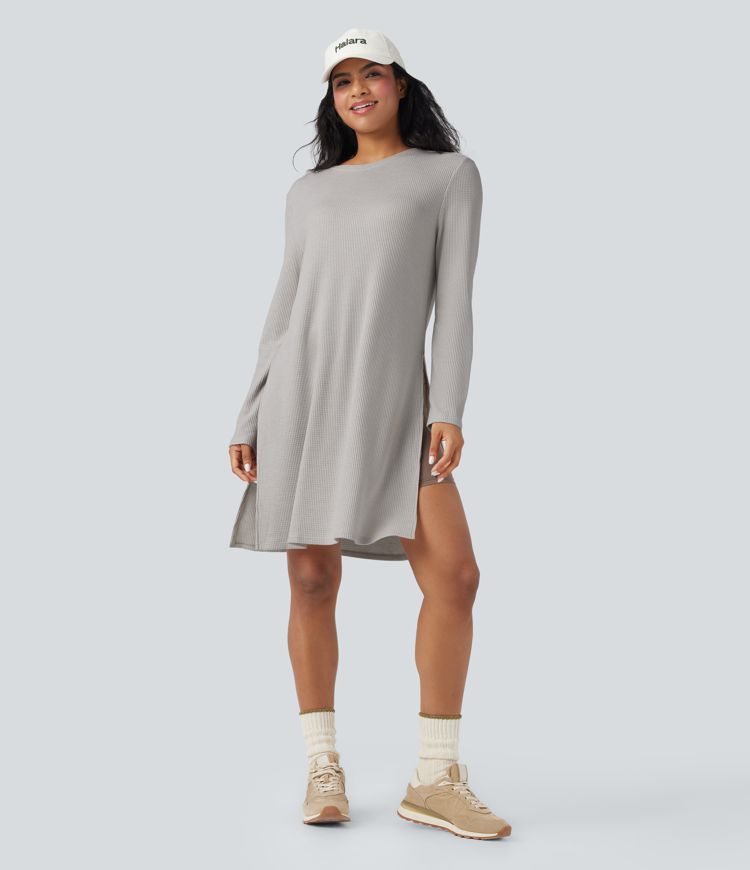 Round Neck Long Sleeve Longline Waffle Knit Casual Sweatshirt