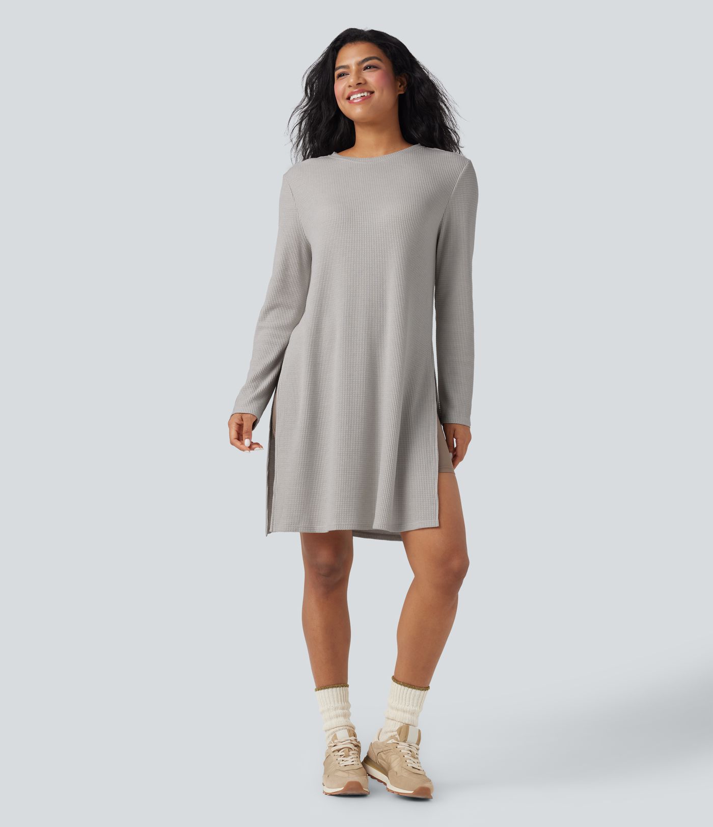 Round Neck Long Sleeve Longline Waffle Knit Casual Sweatshirt