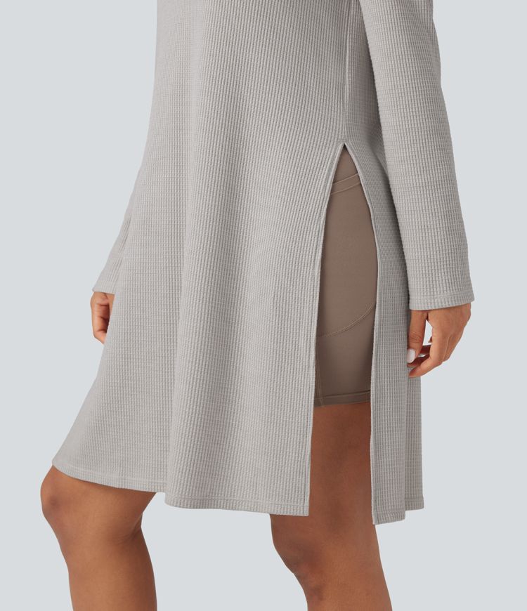 Round Neck Long Sleeve Longline Waffle Knit Casual Sweatshirt