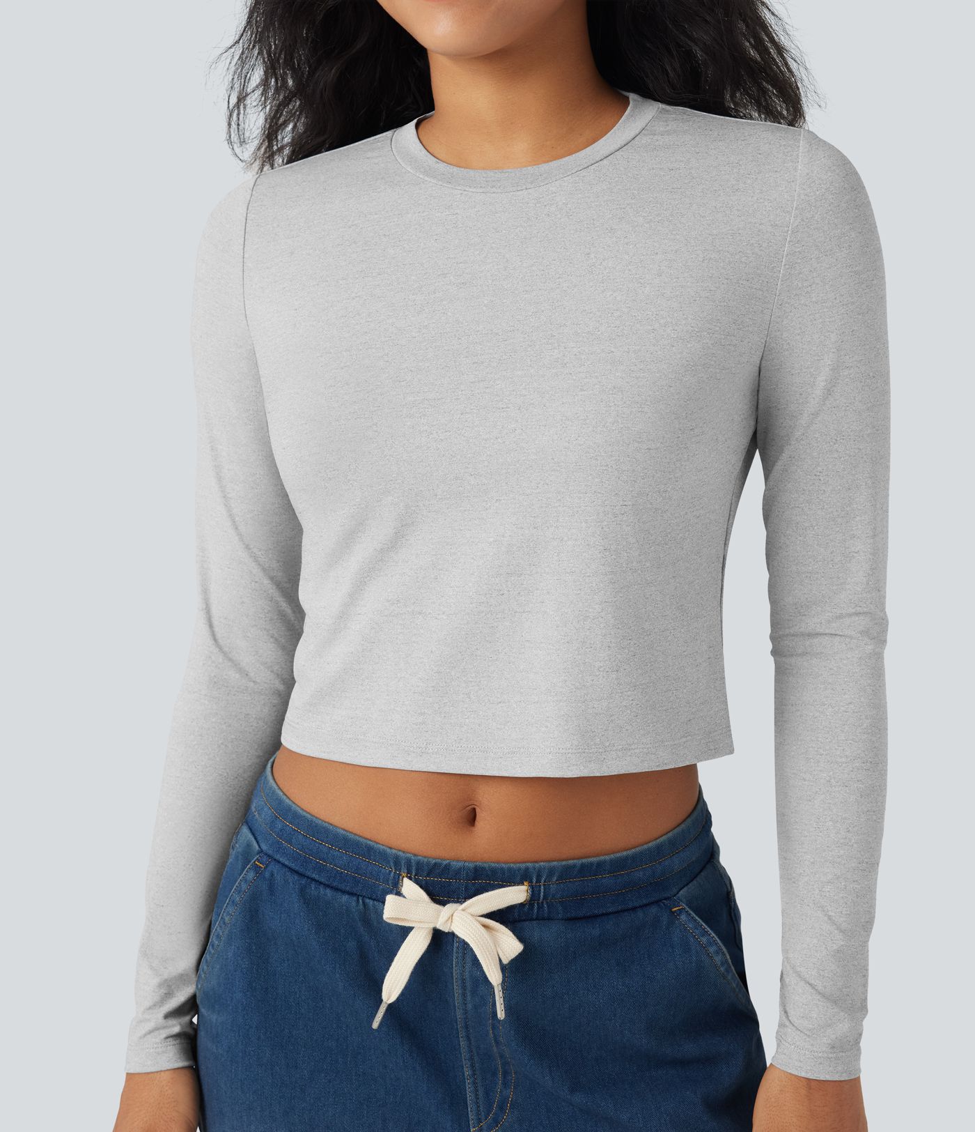 Round Neck Long Sleeve Cropped Casual Top