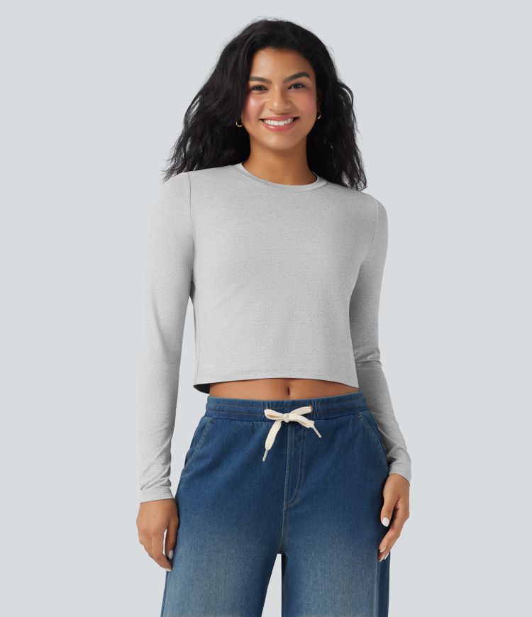 Round Neck Long Sleeve Cropped Casual Top