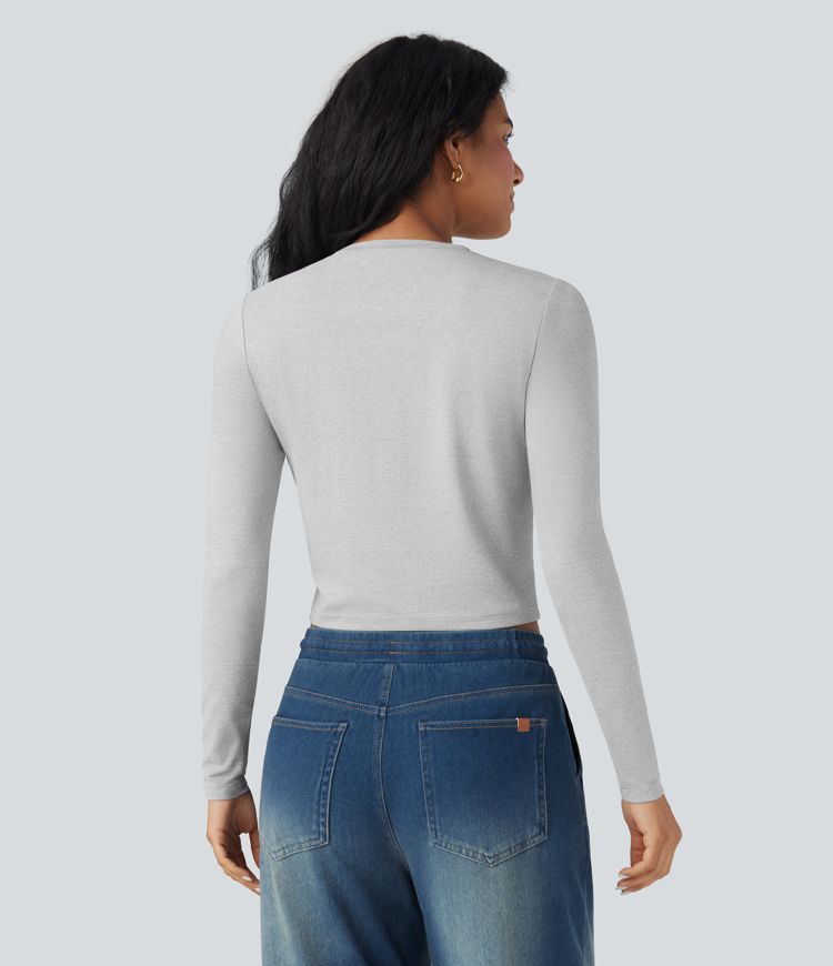 Round Neck Long Sleeve Cropped Casual Top