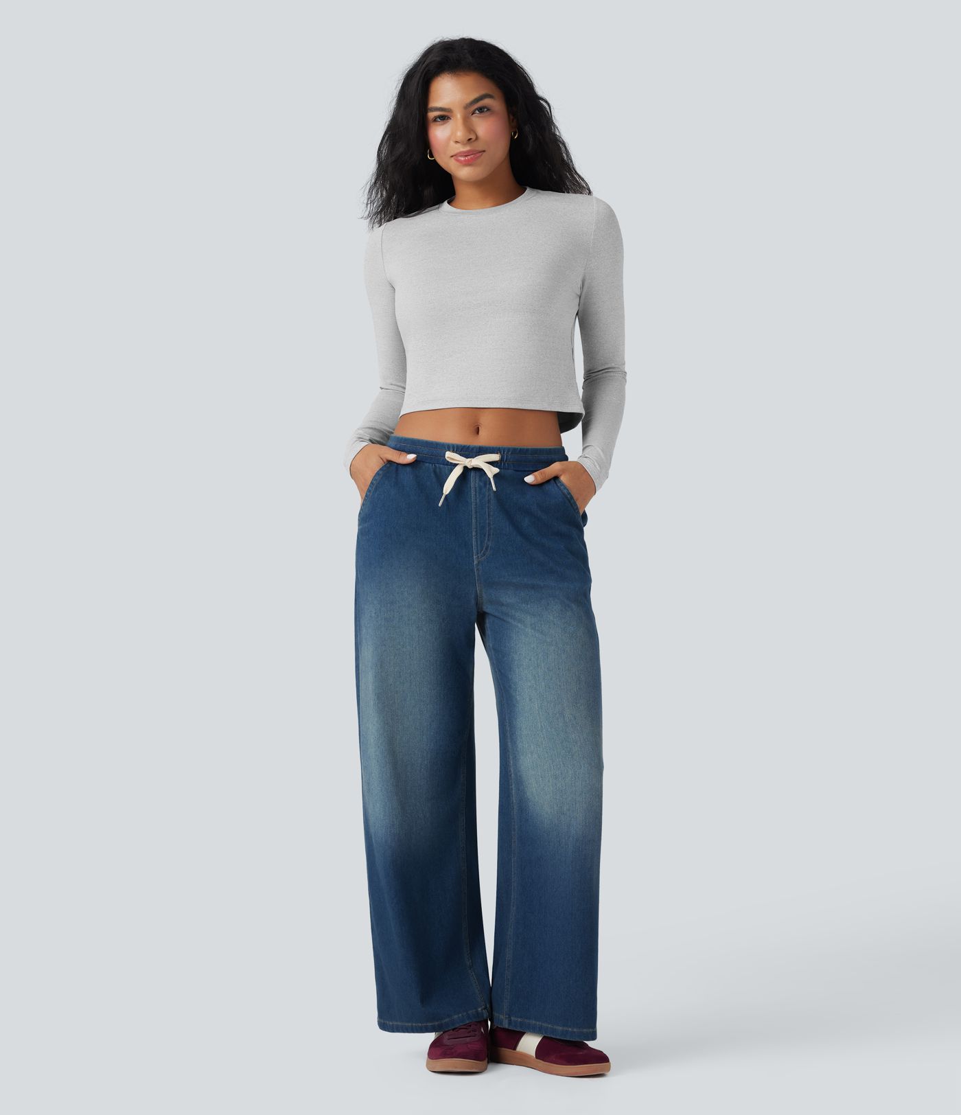 Round Neck Long Sleeve Cropped Casual Top