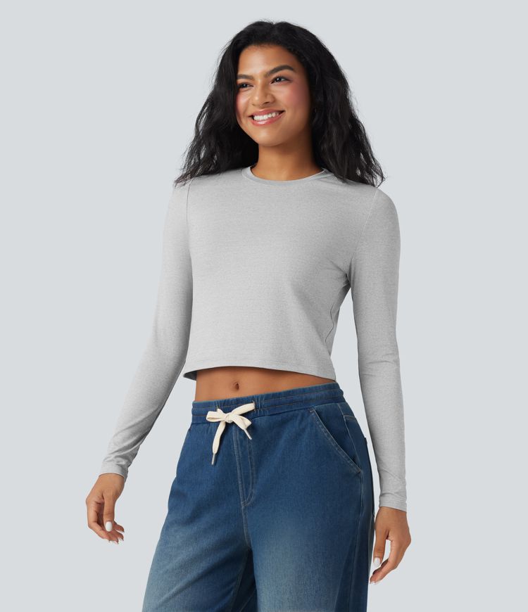 Round Neck Long Sleeve Cropped Casual Top