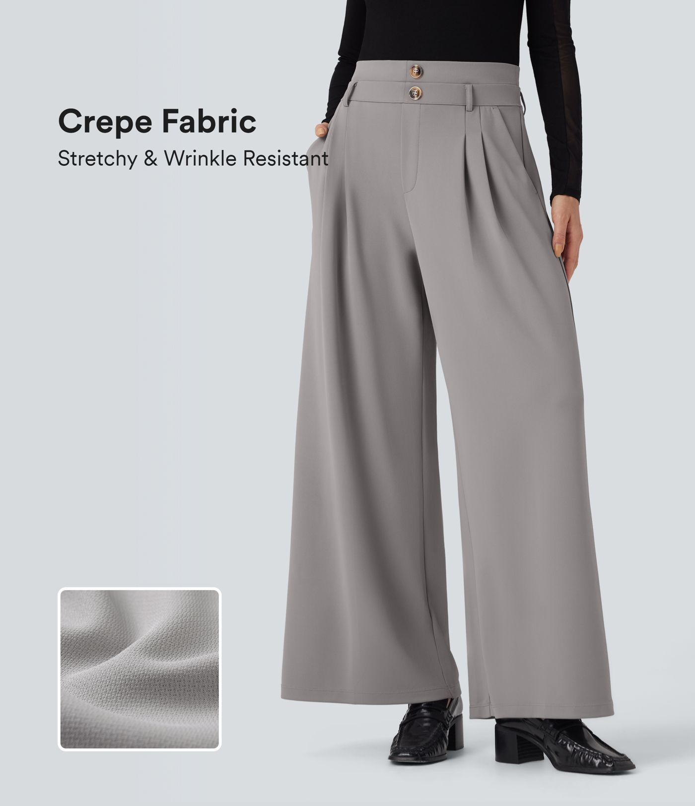 Pantalones de oficina anchos Halara Flex™ de crepé con tiro alto y doble cintura con bolsillos