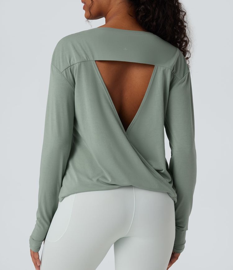 Boat Neck Long Sleeve Thumb Hole Cut Out Quick Dry Yoga Sports Top