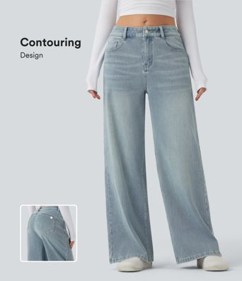 Halara Flex™ vaqueros relajados de talle medio, de pierna ancha, lavados, con bolsillos