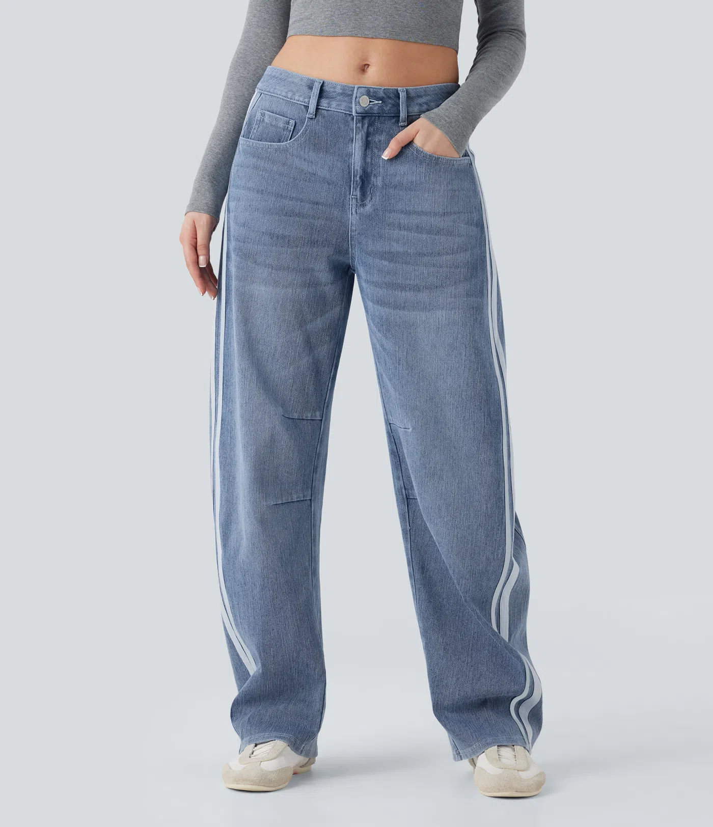 Halara Flex™ Mid Rise Stripe Baggy Washed Casual Jeans with Pockets