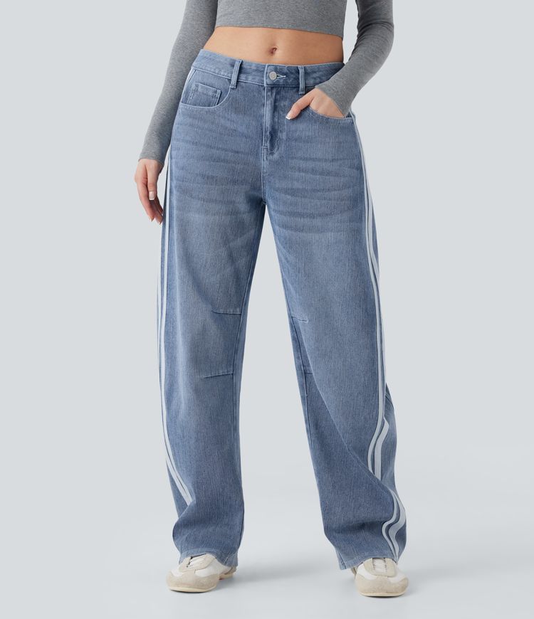 Halara Flex™ Mid Rise Stripe Baggy Washed Casual Jeans with Pockets