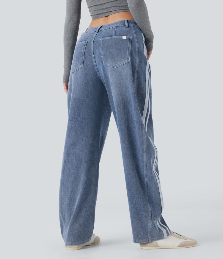 Halara Flex™ Mid Rise Stripe Baggy Washed Casual Jeans with Pockets