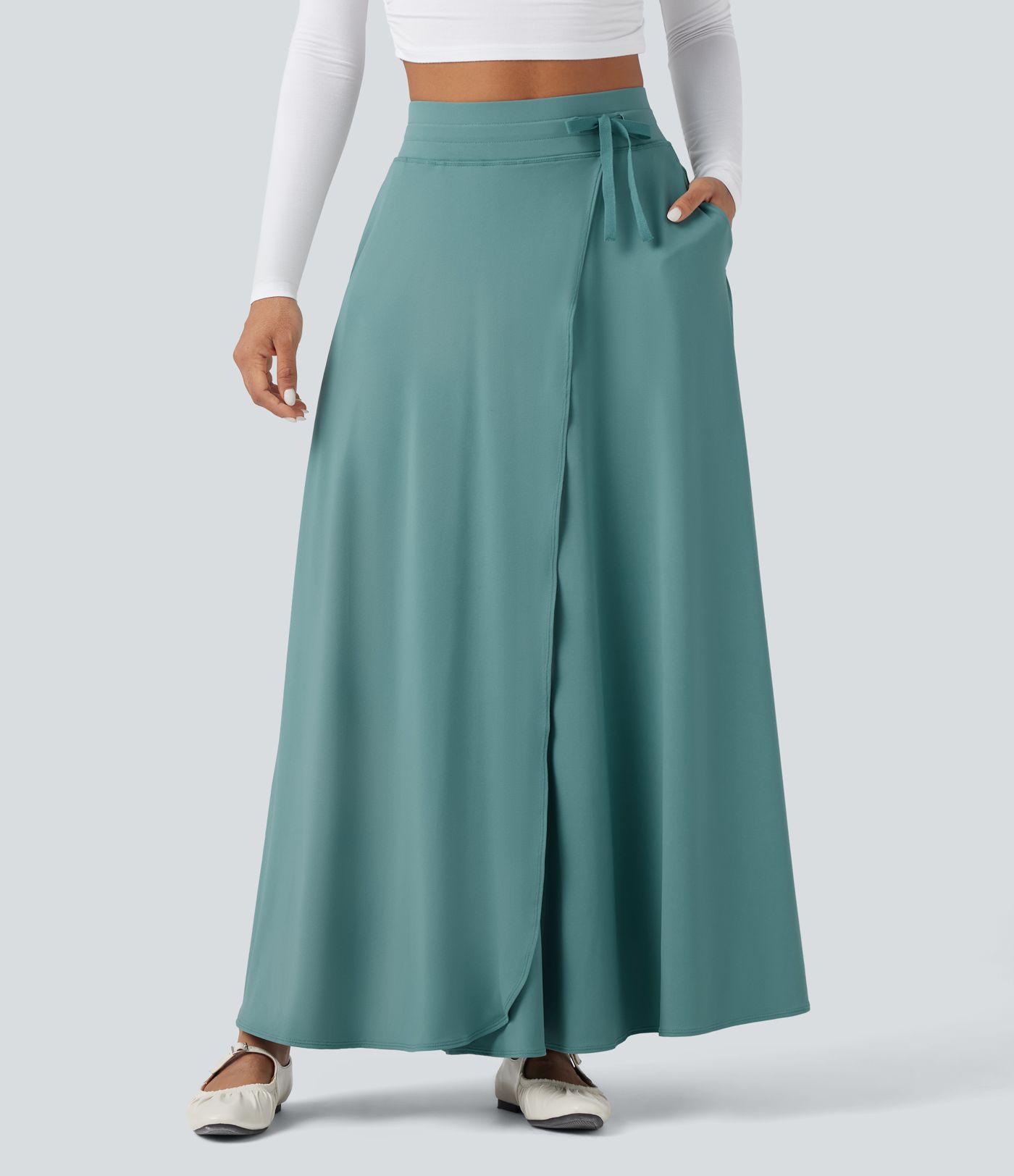 Jupe longue évasée fluide 2-en-1 à taille haute avec cordon et poches