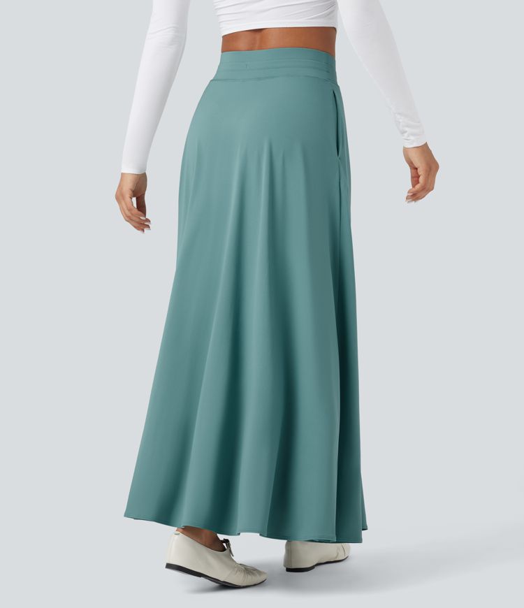 High Waisted Drawstring 2-in-1 Flowy Flare Maxi Casual Skirt with Pockets