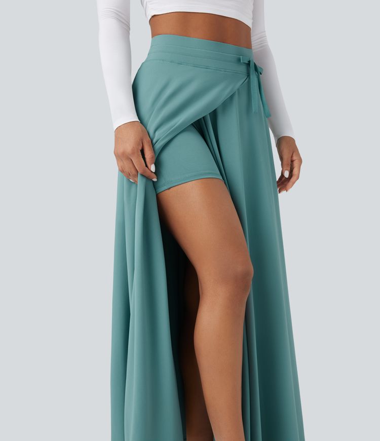 Jupe longue évasée fluide 2-en-1 à taille haute avec cordon et poches