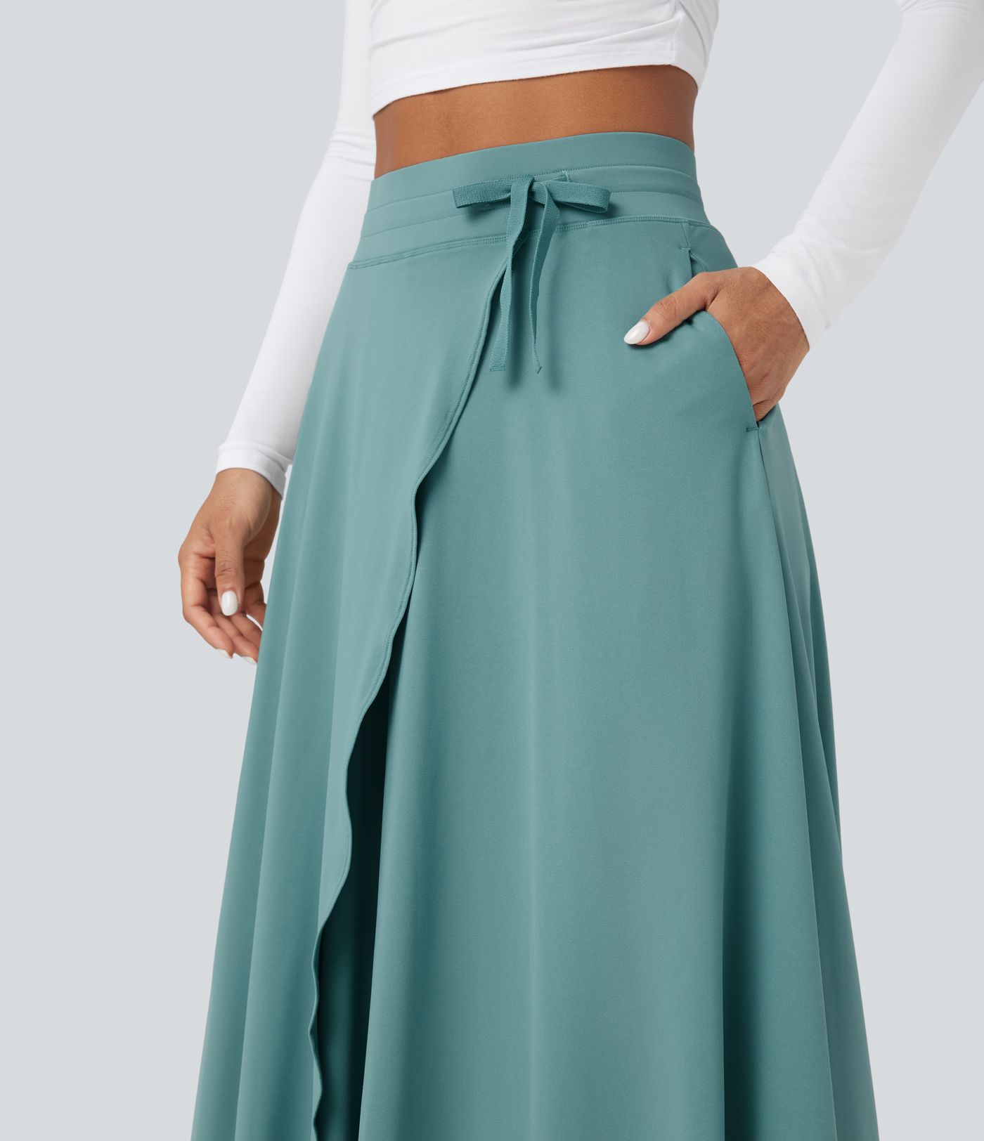 Jupe longue évasée fluide 2-en-1 à taille haute avec cordon et poches