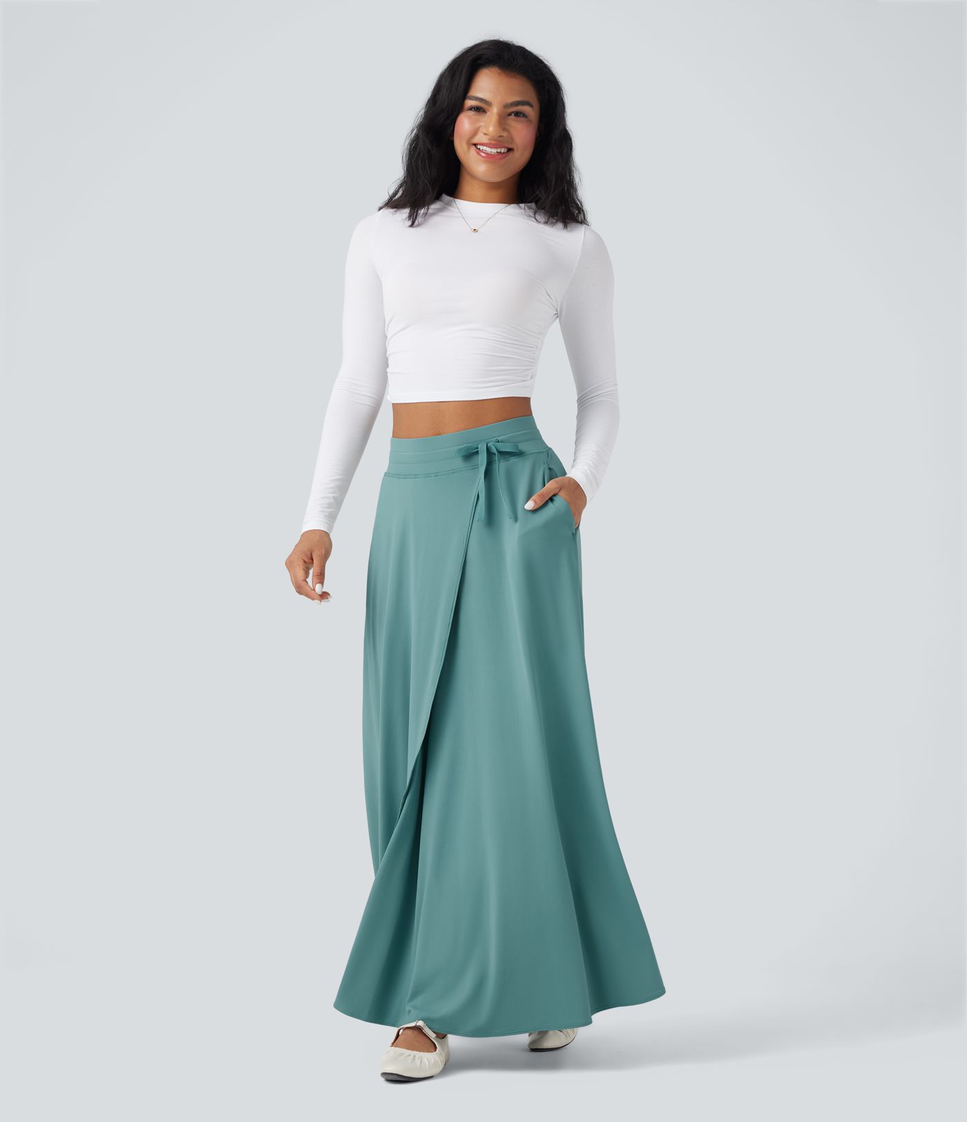 Jupe longue évasée fluide 2-en-1 à taille haute avec cordon et poches