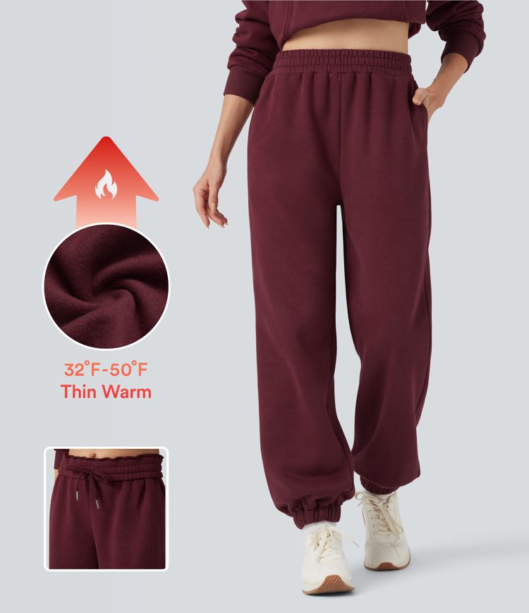 Foldover High Waisted Drawstring Fleece Casual Joggers with Pockets