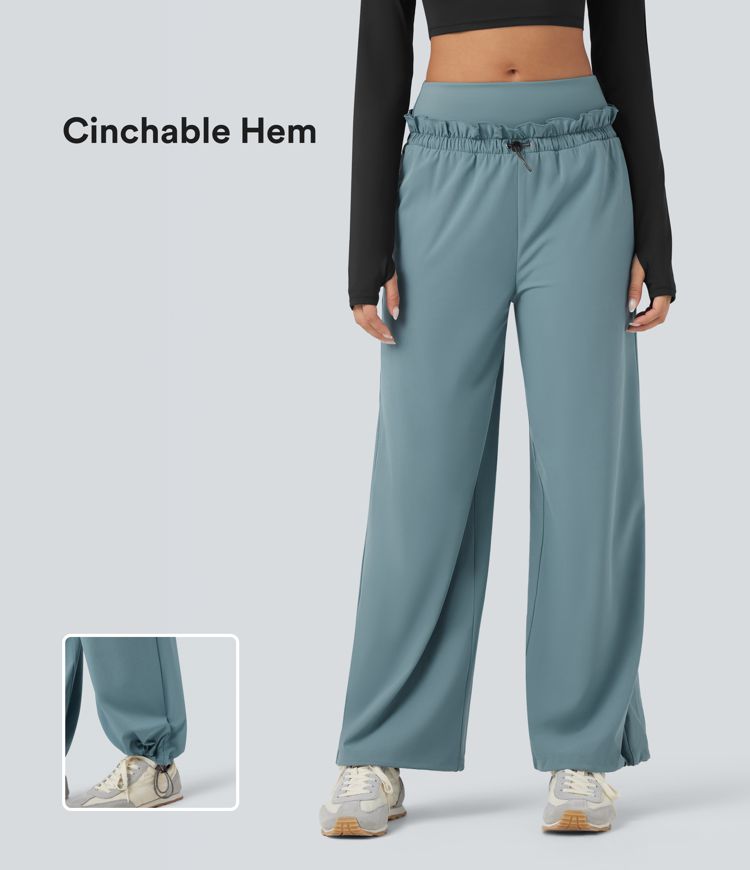 Breezeful™ High Waisted Drawstring Lettuce Trim Cinchable Hem Quick Dry Workout Baggy Pants with Pockets