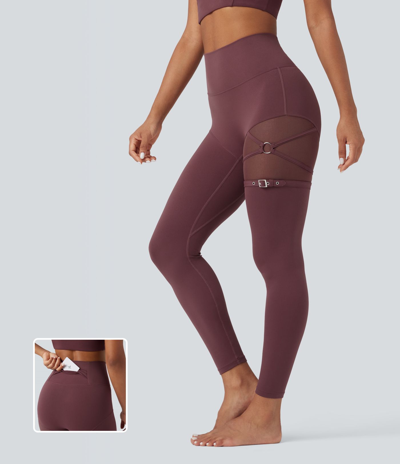 SoftlyZero™ High Waisted Contrast Mesh Adjustable Buckle Dance Leggings with Pocket-UPF50+