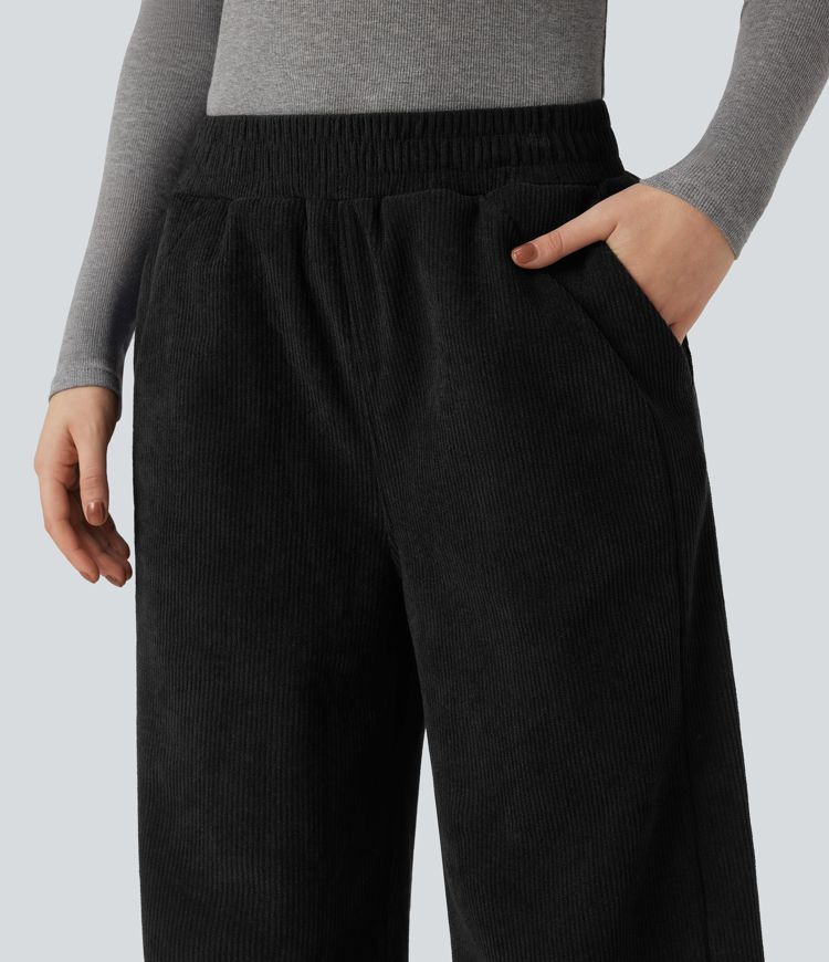 Hochsitzende, gerade geschnittene Fleece-Cord-Freizeithose mit Taschen