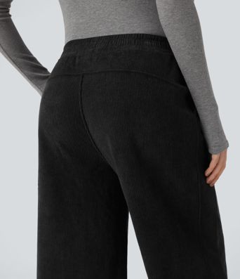 Hochsitzende, gerade geschnittene Fleece-Cord-Freizeithose mit Taschen