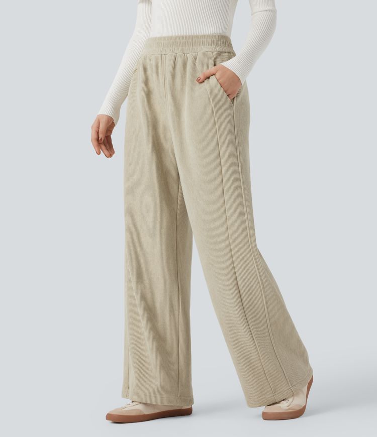 Pantalones casuales rectos de pana polar con tiro alto y bolsillos