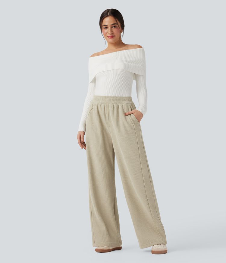 Pantalones casuales rectos de pana polar con tiro alto y bolsillos