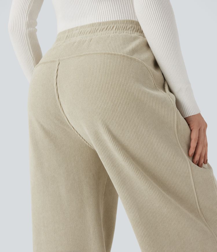 Pantalones casuales rectos de pana polar con tiro alto y bolsillos