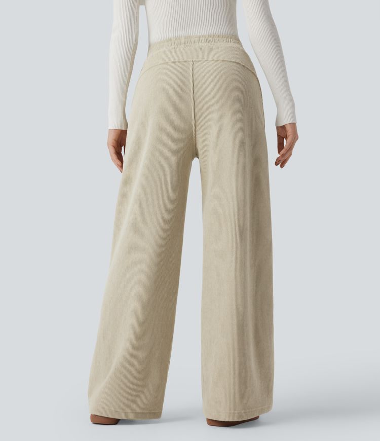 Pantalones casuales rectos de pana polar con tiro alto y bolsillos