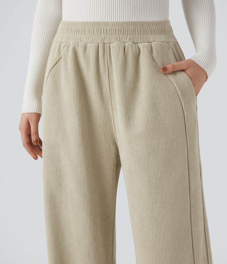 Pantalones casuales rectos de pana polar con tiro alto y bolsillos