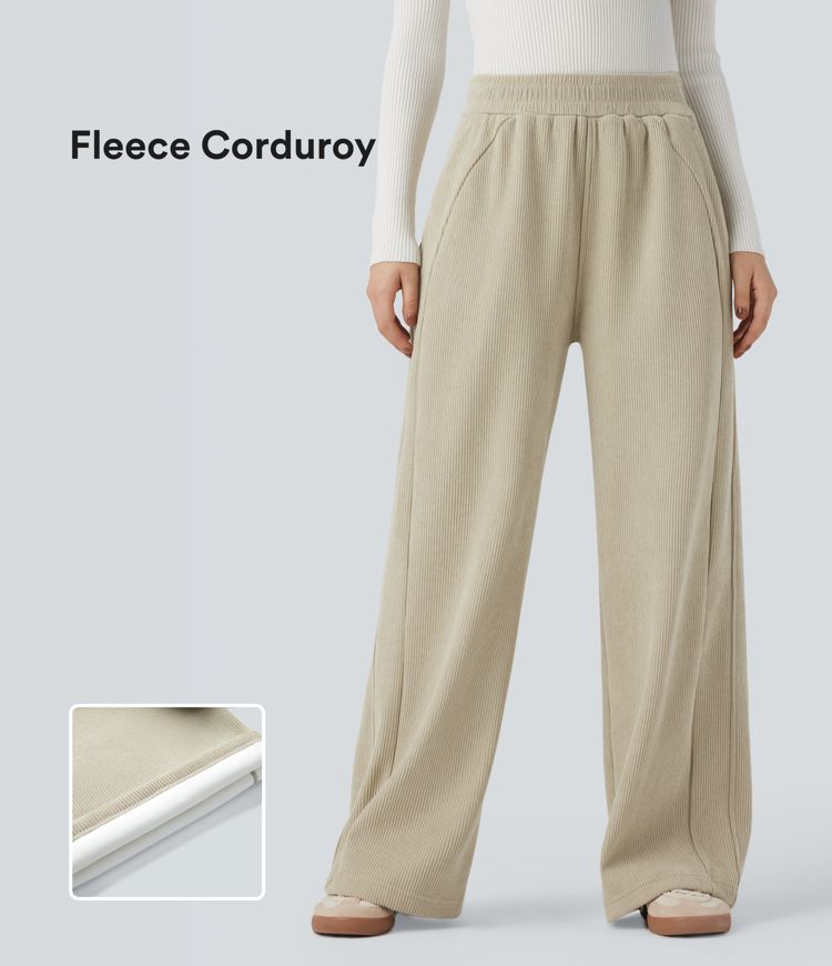 Pantalones casuales rectos de pana polar con tiro alto y bolsillos